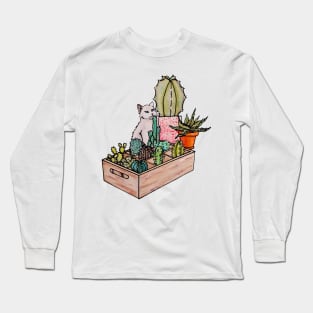 Watercolor Cat with a box of cacti Long Sleeve T-Shirt